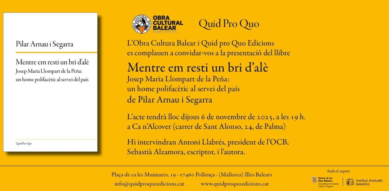 Pilar Arnau i Segarra presentarà el llibre ‘Mentre em resti un bri d’alè’ dedicat a Josep Maria Llompart a Ca n’Alcover