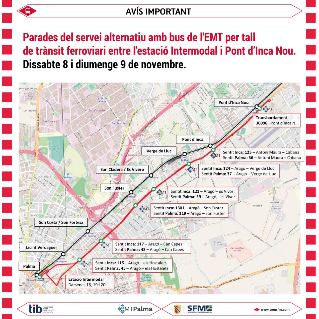 Tall del servei de tren a causa de les obres i bus alternatiu entre la estació Intermodal i Pont d’Inca Nou aquest cap de setmana