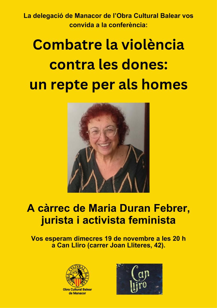 L’OCB de Manacor organitza la conferència ‘Combatre la violència contra les dones: un repte per als homes’