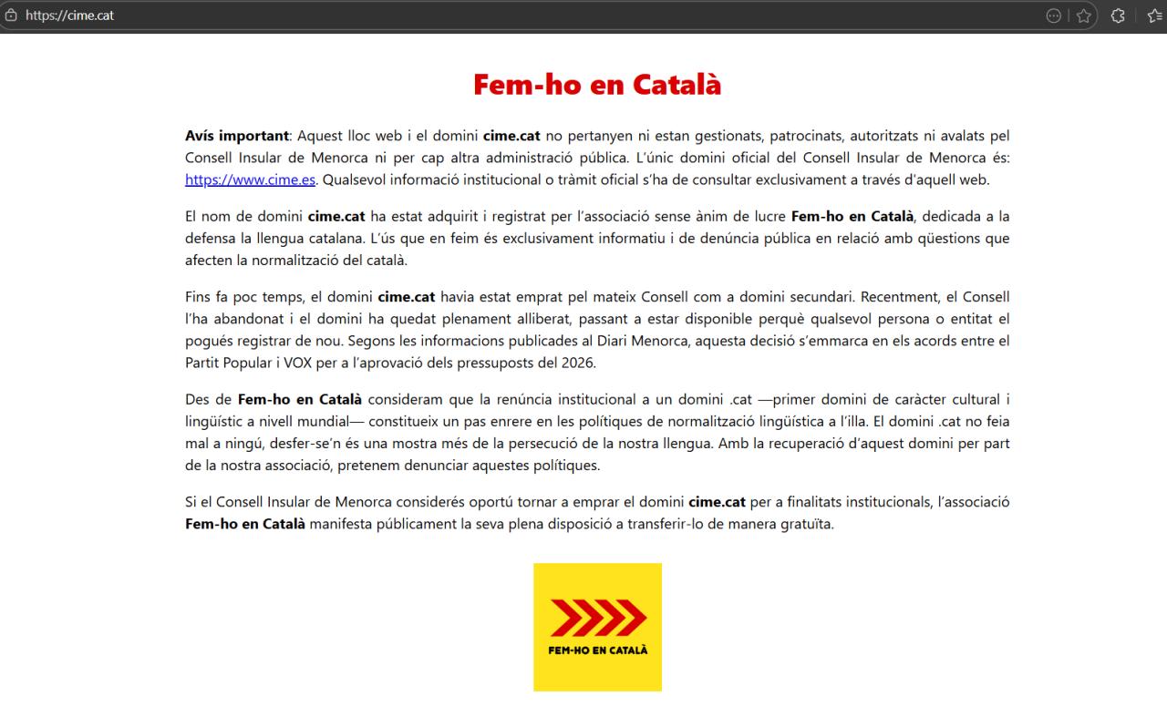 Adquireixen l’antic domini ‘.cat’ del Consell de Menorca per a defensar l’ús social del català