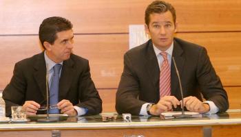 Jaume Matas i Iñaki Urdangarín, durant una roda de premsa sobre l'Institut Nóos l'any 2005.