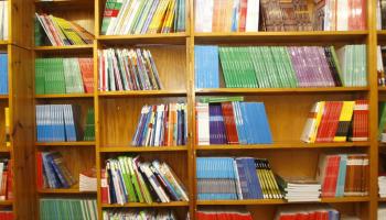 Imatge d'una estanteria plena de llibres a una botiga d'Eivissa. 