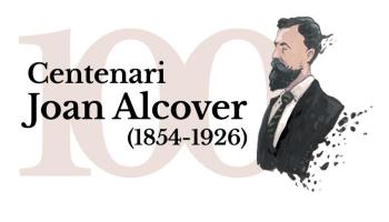 La imatge creada per Pere Joan, amb motiu de l’edició del calendari 2026 que l’OCB ha dedicat a Alcover, s’integra en el logo commemoratiu del centenari.