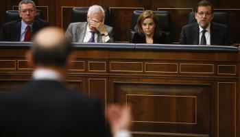 Els membres del Govern central (d'esquerra a dreta) Alberto Ruiz-Gallardón, José Manuel García-Margallo, Soraya Sáenz de Santamaría i el president Mariano Rajoy, a la sessió de control al Congrés dels Diputats.