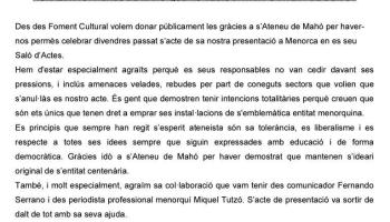 Foment Cultural de ses Illes culpa el 'catalanisme radical' de l'intent de boicot de la seva presentació a Maó