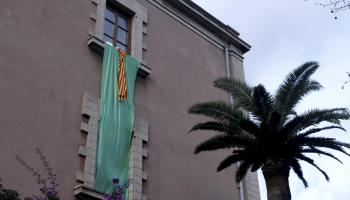 Llaç verd amb la senyera col·locat a l'edifici de Sa Riera, a Palma.