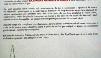 Imatge de la carta escrita pel docent. 