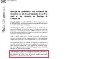 Imatge del comunicat erroni enviat per Moncloa.