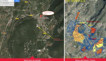 Imatge de l'equerra facilitada per l'Amipa del centre bunyolí. A l'esquerra mapa aportat per Medi Ambient i l'empresa de fumigació. El blau són les maniobres de l'avioneta i en vermell la zona on va llençar el producte de fumigació. 