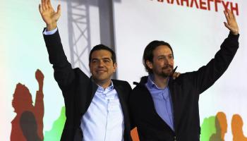 Acte de campanya d'Alexis Tsipras al costat de Pablo Iglesias, líder de Podem.
