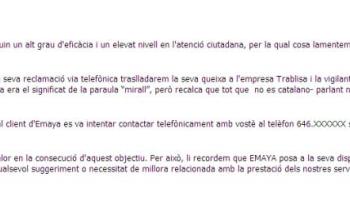 Imatge del correu que ha respost Emaya al ciutadà. 