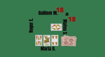 Marcador: 18-18. En Guiem Mir fa senya de 3 i res més. Veient les cartes de na Maria Dueñas, si en Mateu juga un 5, què faríeu?